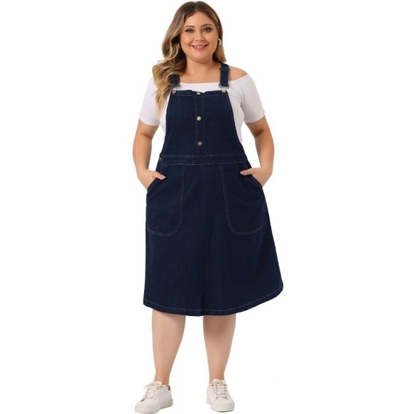 Agnes Orinda Plus Size Denim Overall Dress Midi A Line Sleeveless Buttons 3X NWT - Picture 1 of 11